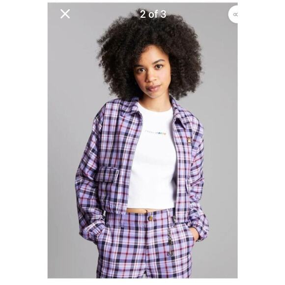 Teddy Fresh Purple Plaid Full Zip Cropped Jacket Size: S - Picture 1 of 8